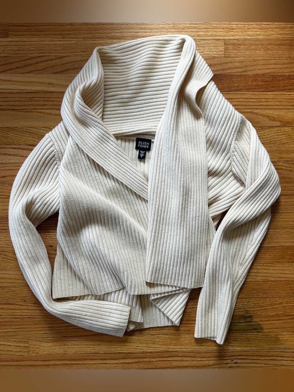 Eileen Fisher Cropped Ribbed Knit Shawl Cardigan Italian Merino Wool
